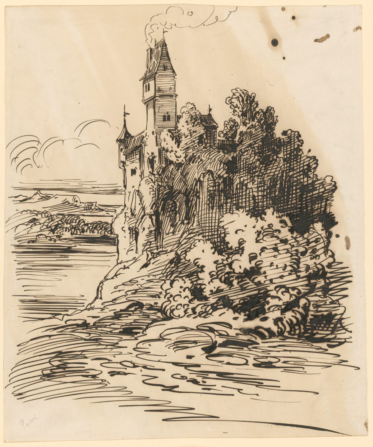 Franz von Pocci, Phantastisches Schloss an einem Gebirgssee, Feder in Braun, 256 x 215 mm Staatliche Graphische Sammlung München © Staatliche Graphische Sammlung München