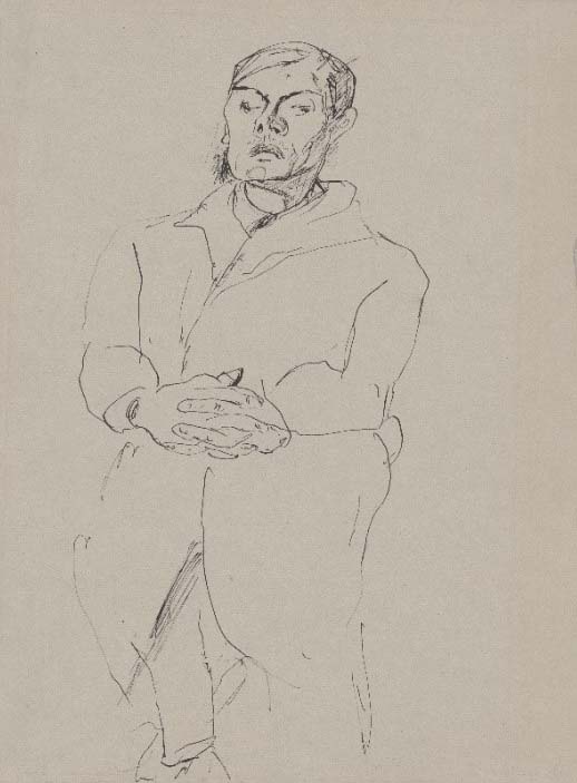 Max Beckmann, Self-portrait, seated with folded hands [recto], 1917, pen and black ink 317 x 239 mm Staatliche Graphische Sammlung München acquired in 2017 with the support of the Ernst von Siemens Kunststiftung, Munich Photo: Staatliche Graphische Sammlung München © VG Bild-Kunst, Bonn 2020